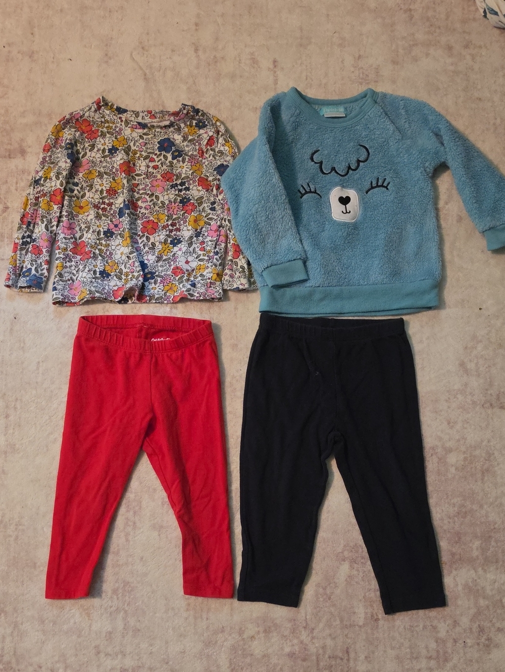 Toddler Blue Bear Fleece Sweatshirt + Floral Top & Red/Black Leggings Set